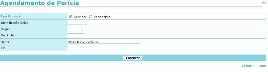 Figura 61: Menu Agendamento de Perícia / consulta. 4. Na tela seguinte, clique no nome do servidor ou pensionista para abrir o agendamento da perícia.