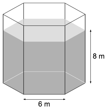 Questão 16 - (FM Petrópolis RJ/2015) A Figura a seguir ilustra um recipiente aberto com a forma de um prisma hexagonal regular reto. Em seu interior, há líquido até a altura de 8 m.