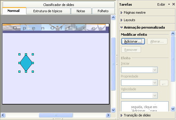 BrOffice.org Aplicar efeitos Aplicar mesmo efeito de transição a vários slides 1. Exibir os slides no modo classificador de slides. 2. Selecionar todos os slides: menu Editar - Selecionar Tudo.