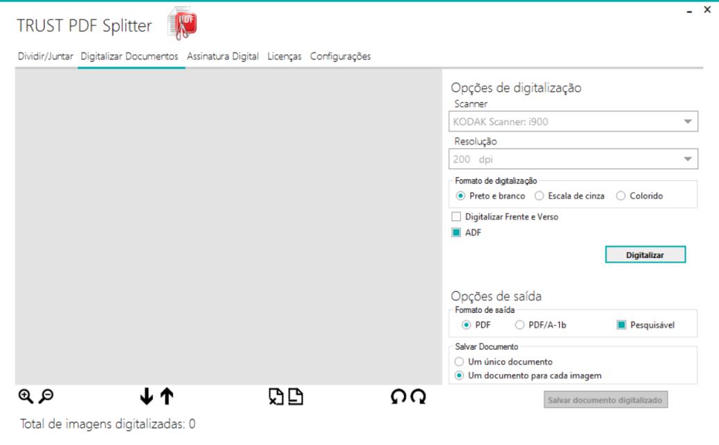 7. Digitalizar documentos (Versões PRO e PRO SIGN) Para digitalizar documentos proceda da seguinte forma: (b) a) Execute o TRUST PDF Splitter; (c) b) Clique na aba Digitalizar Documentos ; c) Em