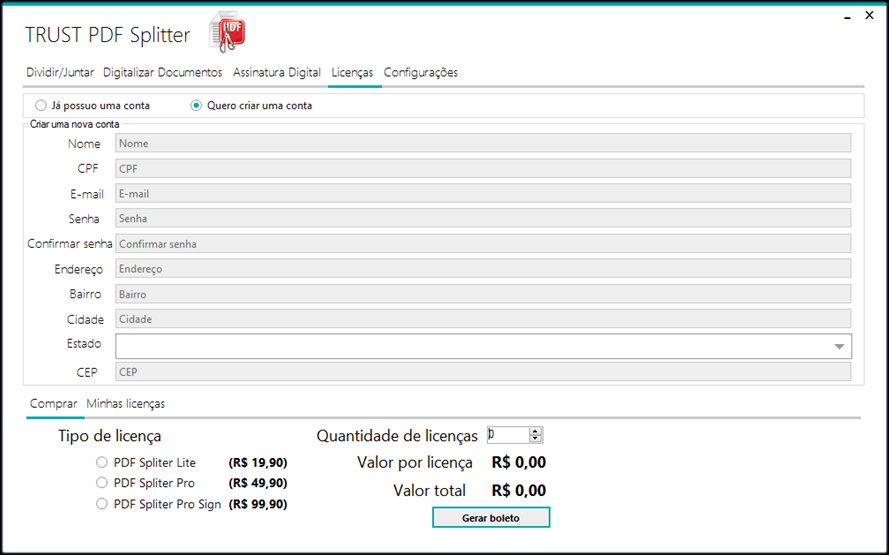 1. Instalação 1.1. Requisitos mínimos Para execução do TRUST PDF Splitter é necessário que seu computador atenda, no mínimo, aos requisitos a seguir: Sistema Operacional Windows XP com Service Pack 3