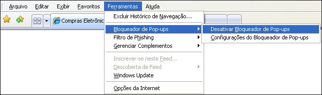 Desativando Bloqueador de Pop-up Para acessar o Sistema de Compras sem restrições desative o bloqueador de pop-ups: Na janela do navegador, clique no menu Ferramentas. 1.