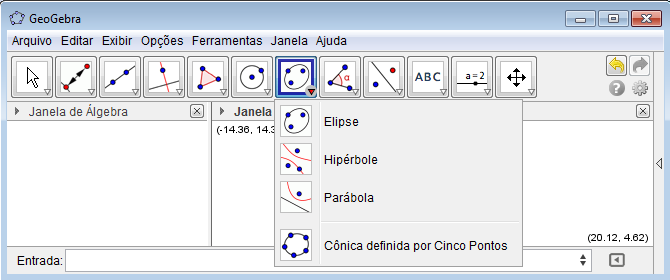 58 Ferramentas de Cônicas: A funcionalidade de cônicas apresenta quatro opções: Elipse, Hipérbole, Parábola e Cônica definida por Cinco Pontos, de acordo como é apresentado na Figura 9: Figura 9: