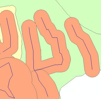 Geoprocessamento Gerar um arquivo de feições Menu Geoprocessing>Buffer Tubulações Distância: Linear (10 metros) Buffer de 10 m entorno das