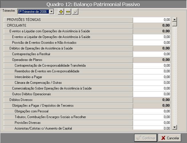 Manual do Usuário Página : 32 Quadro 12: Balanço Patrimonial Passivo Objetivo: Informar para ANS, os valores monetários referentes às contas de PASSIVO.