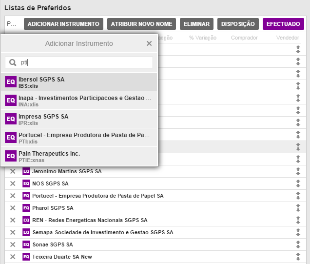 Negociação Editar uma lista de preferidos customizada Seleccione editar para começar a criar uma lista de preferidos.