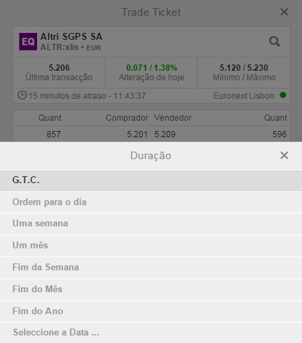 Negociação Ordens Definições e Exemplos Prazo de validade das Ordens, (Duração): G.T.C. (Good Til Canceled) - significa que a ordem permanecerá no mercado até ser executada ou cancelada.
