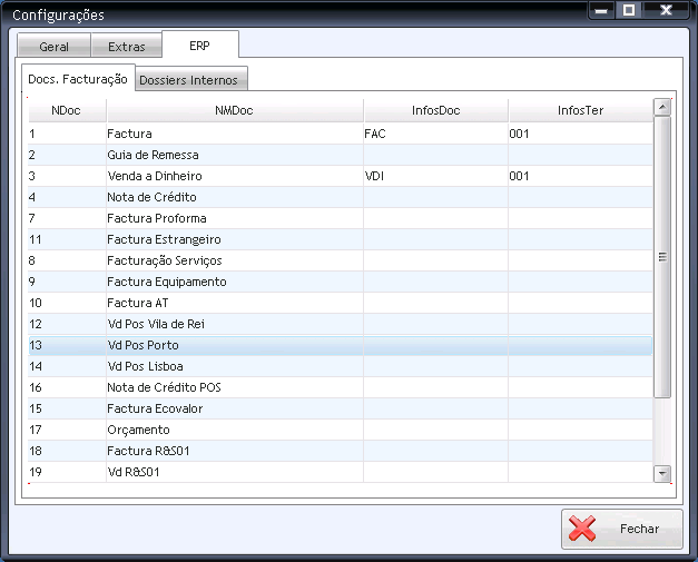 Configurações avançadas ERP Neste ecrã configura-se a correspondência entre os documentos do PHC e os documentos / séries do MSS, para isso preenche-se a coluna InfosDoc/InfosTer com o código do