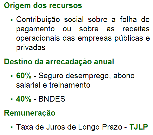 Fontes de Recursos Fontes Nacionais Fontes Externas FAT - Fundo de Amparo ao Trabalhador Fundo PIS-PASEP Agências Governamentais e Instituições