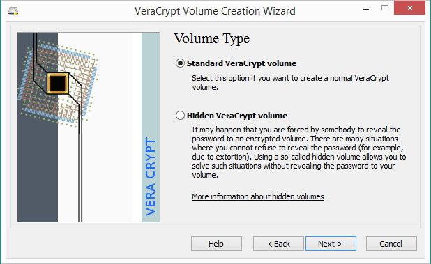 5. Escolher Standard Veracrypt volume e se quiser deixar o volume escondido deve-se escolher Hidden Veracrypt volume 6.