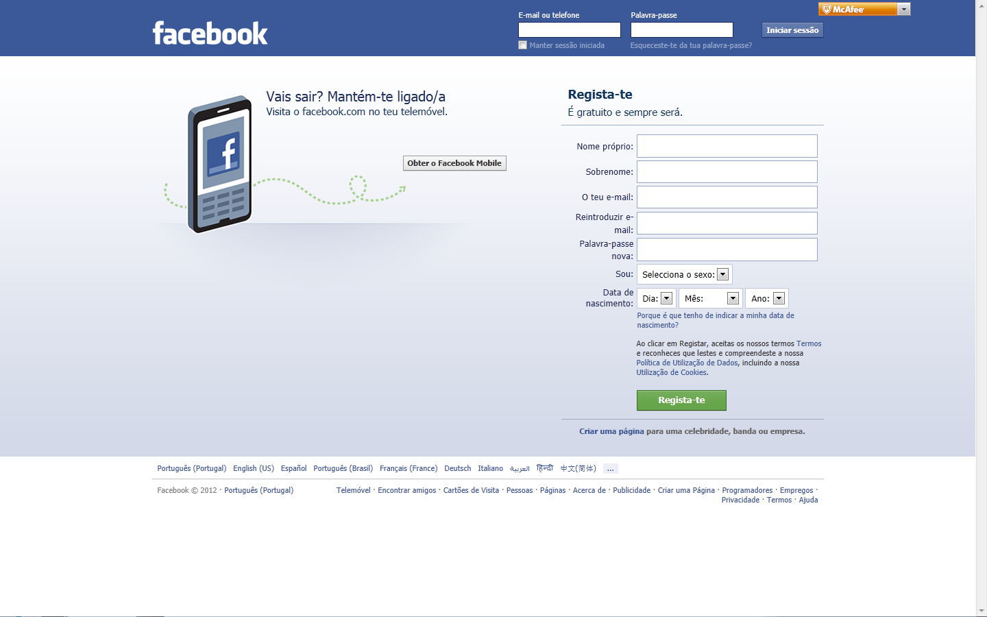 Esta é a primeira imagem que se tem do Facebook, quando se abre o site como um utilizador com perfil ativo.