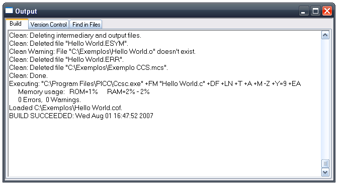 8. Em seguida, basta ir em Projetc Build All e o programa será compilado. Se tudo estiver correto, aparecerá a janela Output com os dizeres abaixo. 9. Agora basta carregar o arquivo Exemplo CCS.