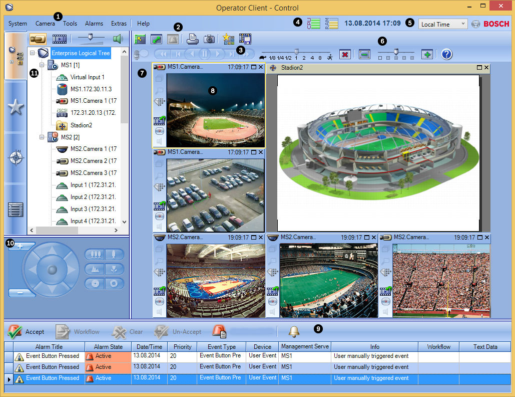 Bosch Video Management System Introdução pt 17 1 Barra de menus Permite-lhe seleccionar um comando de menu. 2 Barra de ferramentas Apresenta os botões disponíveis.
