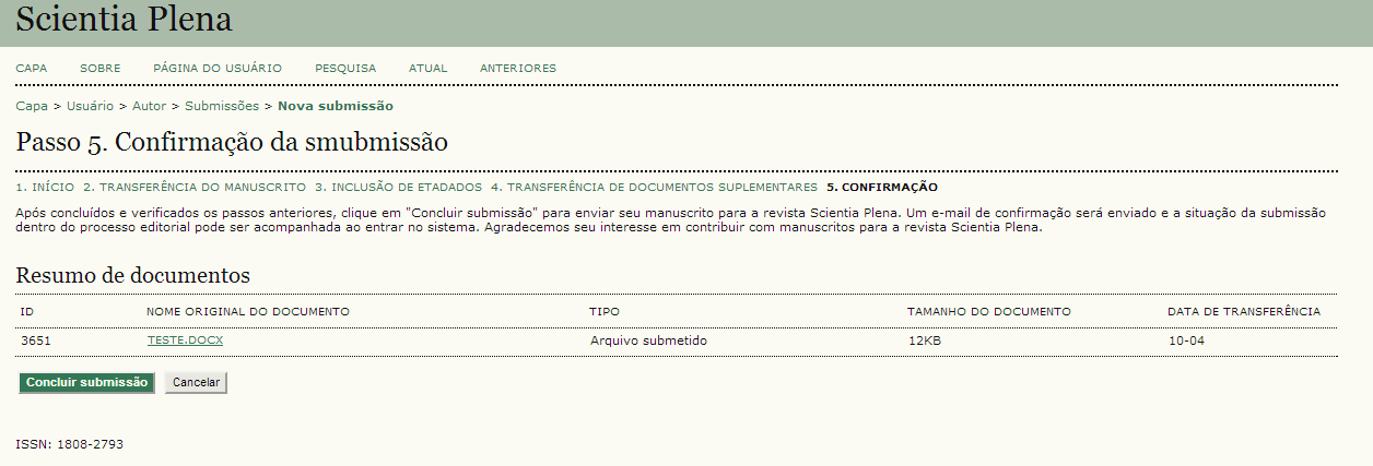 Passo 5: Conclusão da Submissão Para finalizar: confira os