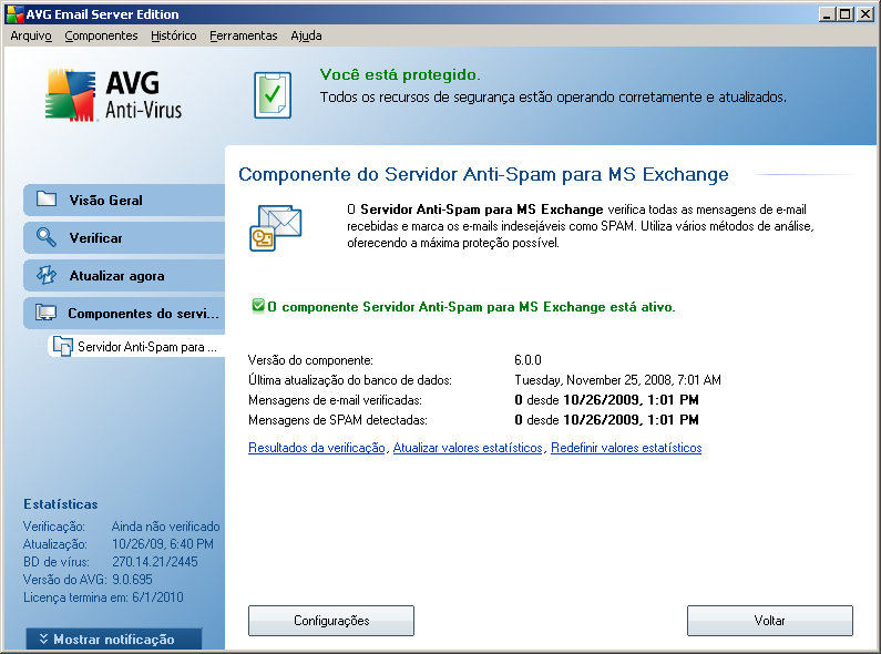 7. Configuração Anti-Spam 7.1. Interface do Anti-Spam Você encontrará a caixa de diálogo do componente servidor Anti-spam na seção Componentes de Servidor (menu à esquerda).