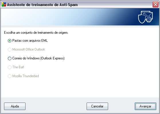 Existem as seguintes opções dentre as quais escolher: Um cliente de e-mail específico - se você usa um dos clientes de e-mail listados (MS Outlook, Outlook Express, The Bat!