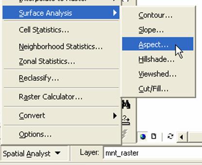 3. Clique sobre o menu Spatial Analyst, aponte para Surface Analysis e clique sobre Aspect. 4.