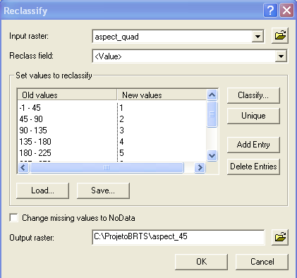 5. No menu Spatial Analyst, clique sobre a opção Reclassify. 6. Na janela Reclassify, selecione a imagem aspect_quad no dropdown Input raster.