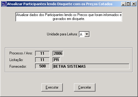 3 Lendo os Dados do Disquete Após a entrega do disquete contendo a cotação dos preços entregue pelo fornecedor à entidade pública, os dados já podem ser lidos através do sistema Betha Compras. 3.