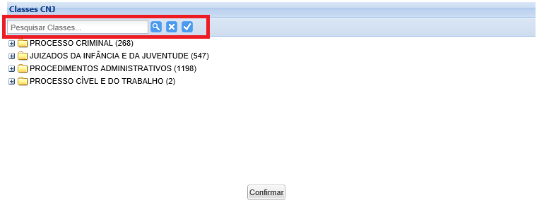 O usuário deverá digitar o nome da classe no campo de pesquisa que o sistema expandirá a árvore de classes até o resultado encontrado.