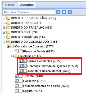 Percebe-se da tela acima que mais de um assunto pode ser selecionado no processo.