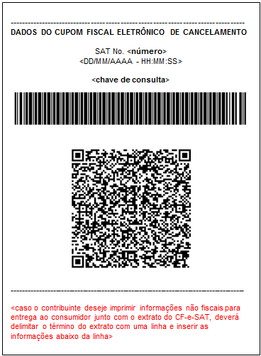 Figura 8 - Exemplo de rodapé de extrato de CF-e-SAT de cancelamento, em bobina contínua de papel largo (8cm), com o código de