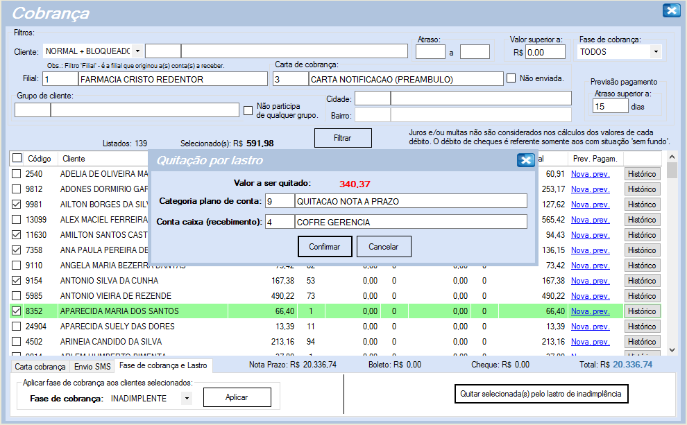 Na imagem, vemos uma Quitação dos Inadimplentes de forma automática pelo