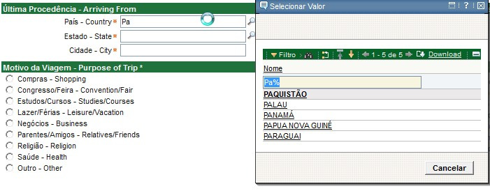 Observe o detalhamento de como preencher: País Country: Este campo é de preenchimento obrigatório e traz por padrão o valor Brasil, caso queira selecionar outro país siga o exemplo abaixo: o Digite