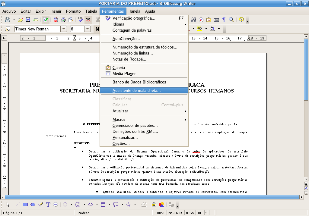 2. Abra o BrOffice.org Calc (planilha eletrônica) e insira os dados conforme o exemplo abaixo, utilizando a primeira linha como título (obrigatório) e sem utilizar linhas em branco entre os dados.