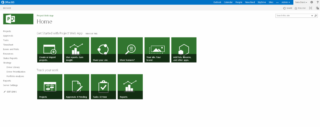 Tome uma atitude Comece rapidamente Passos importantes para começar são identificados Construído no SharePoint Online e projetado para funcionar com o Office 365, o Project Online oferece