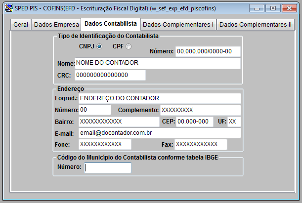 4 PASSO 3: Na aba Dados do Contabilista, devem ser informados os dados do Contabilista.