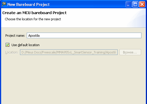 Alternativamente, no menu superior selecione File - New - Bareboard Project. 6. Na janela que se abre, escolha um nome para o projeto. No exemplo, foi escolhido o nome "Apostila".