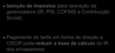 Incentivos e Mecanismos de Fomento Constituição como OSCIP Benefícios 1 Isenção de impostos para operação da gerenciadora (IR, PIS, COFINS e Contribuição Social) 2 Pagamento de tarifa em forma de