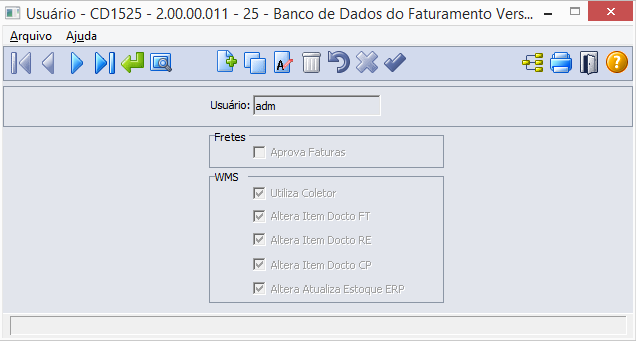 Cadastro Após filtrar o registro desejado, é necessário clicar no botão Novo e preencher os seguintes campos: Usuário Informar código do usuário cadastrado no EMS.