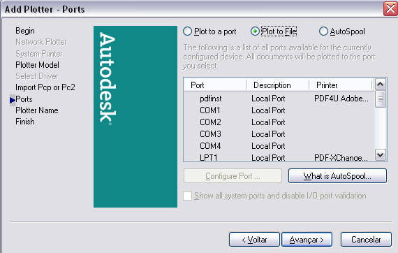 System Printer - Usando o driver do sistema (um plotter ou impressora já pré-instalado no Windows); Clique em Avançar. Ao escolher system printer e dar avançar, aparecerá uma tela indicando concluir.