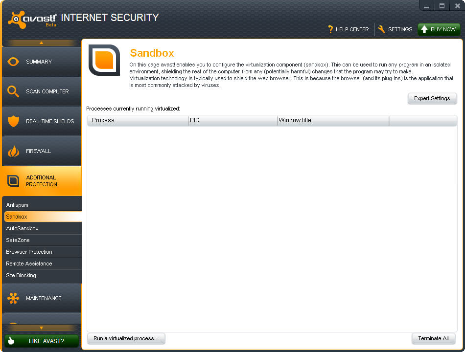 Virtualização de processo (Sandbox) A avast! Sandbox permite que você navegue na internet ou execute qualquer outro aplicativo em um ambiente completamente seguro.