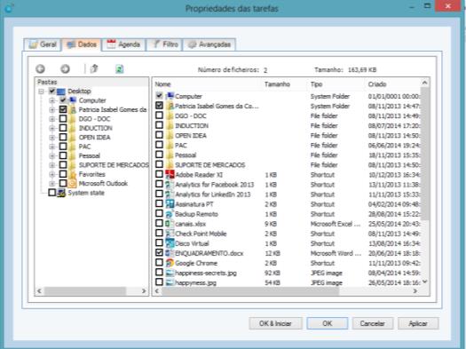 Dados O separador Dados permite-lhe selecionar os dados para backup dentro da tarefa. Pode facilmente navegar através do seu sistema com o Windows Explorer, como exemplificado na imagem.