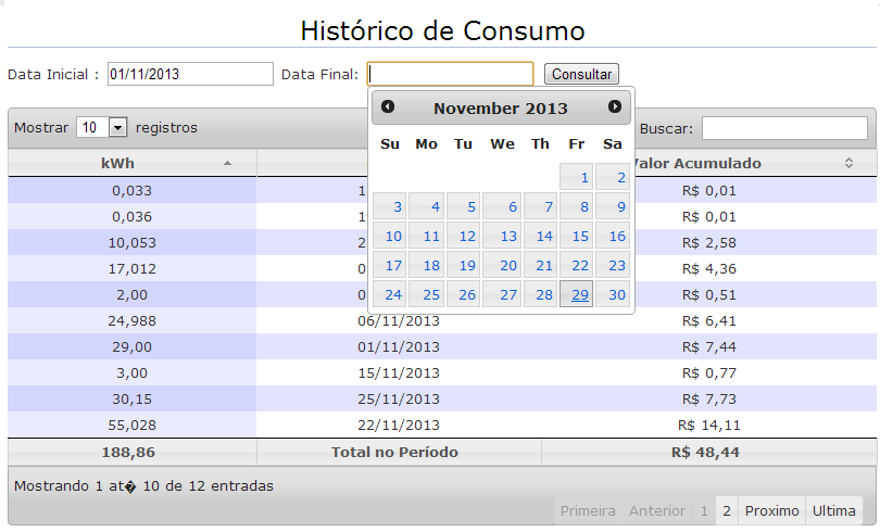 44 4.5 Visualização da Interface Web Na visão do cliente, a interface Web disponibiliza a visualização do total de kwh consumidos e o valor em R$(Reais) acumulados equivalentes ao total de kwh por