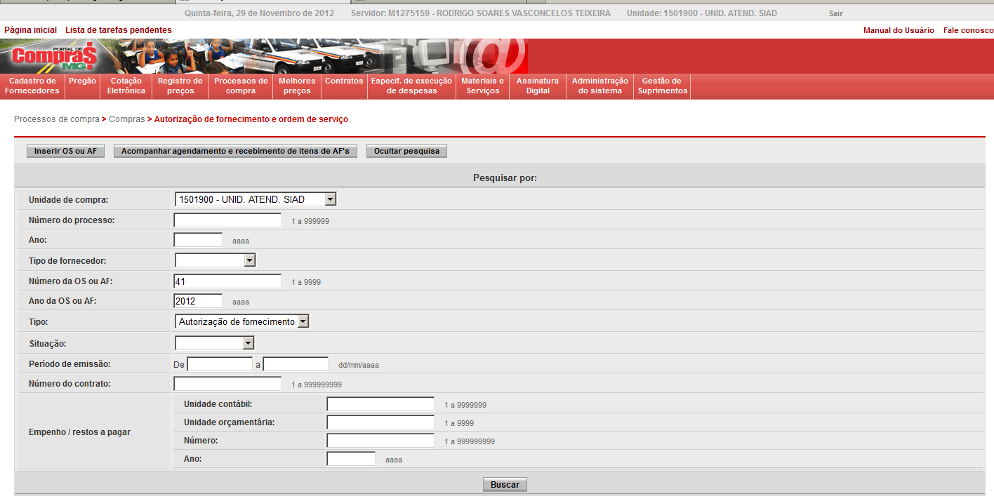 Para realizar o registro do resultado das análises no sistema, o gestor de agendamento e recebimento deverá acessar, em Processos de compra, o módulo Compras, submenu Autorização