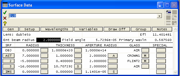 Programa OSLO para cálculos de desenho óptico 105 parecido com uma lente azul na barra de menu. Este ícone só aparece quando a planilha de dados está fechada.
