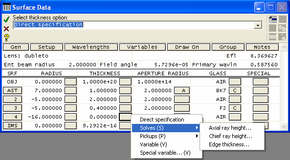 112 Programa OSLO para cálculos de desenho óptico Nesta janela, como em várias as outras, ao se colocar o cursor sobre qualquer dos símbolos aparecerá a explicação sobre sua função.