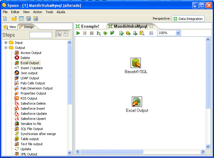 após isso pressiona o botão esquerdo do mouse sobre a opção Excel Output e arrasta para área de trabalho como feito anteriormente com a Table Input.