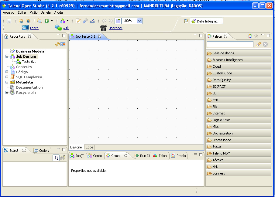 Figura 61 Tela novo Job Após configurar o nome para o Trabalho, clica-se no botão Concluir. Figura 62 Área de trabalho do Talend Open Studio Feito o procedimento de configuração do Trabalho.