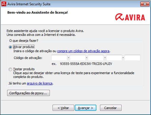 Instalação e desinstalação Se você já recebeu um código de ativação, insira-o nos campos fornecidos. Se você ainda precisa obter um código de ativação, clique no link compre uma chave de ativação.