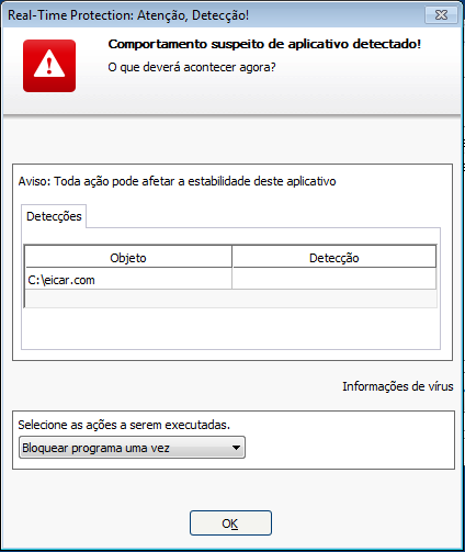 Detecção Nota A ação Quarentena é pré-selecionada por padrão na notificação do Scanner. Outras ações podem ser selecionadas em um menu contextual. Fechar A mensagem é fechada.