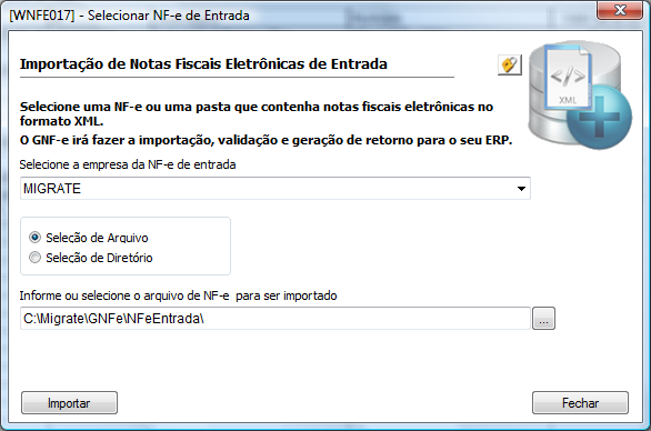 Tela 151 Seleciona nota fiscal de Entrada Selecionando a empresa, optando por qual seleção deseja utilizar Seleção de Arquivo ou Seleção de Diretório, e indicando qual o arquivo da NF-e ou o