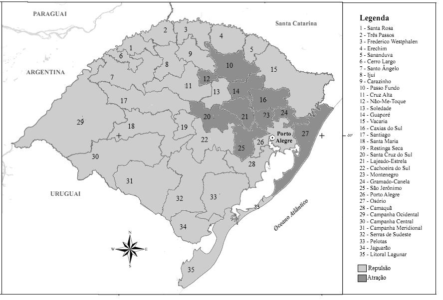 Microrregiões Saldo migratório Microrregiões Saldo migratório Santa Cruz do Sul 11136 Montenegro 14520 Cachoeira do Sul -9826 Osório 32863 Camaquã -1190 Passo Fundo 6201 Campanha Central -18776 Ijui