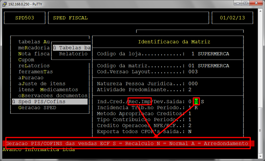 2 Acessar Identificação da Matriz Para acessar a rotina acima siga o seguinte caminho: Sped Efd Sped PIS/Cofins Tabelas Básicas Identificação Matriz Dados referentes à tela acima: Rec.