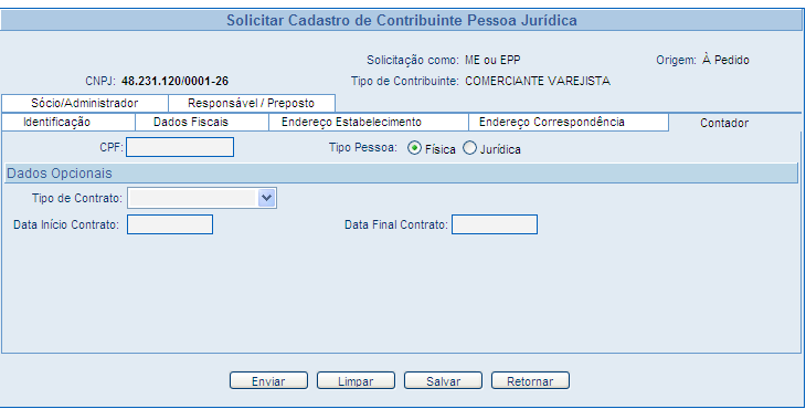 11.6 Contador Esta Aba deve obrigatoriamente ser preenchida quando se tratar de pessoa jurídica (exceto quando MEI), informando o CPF/CNPJ do responsável técnico pela empresa.