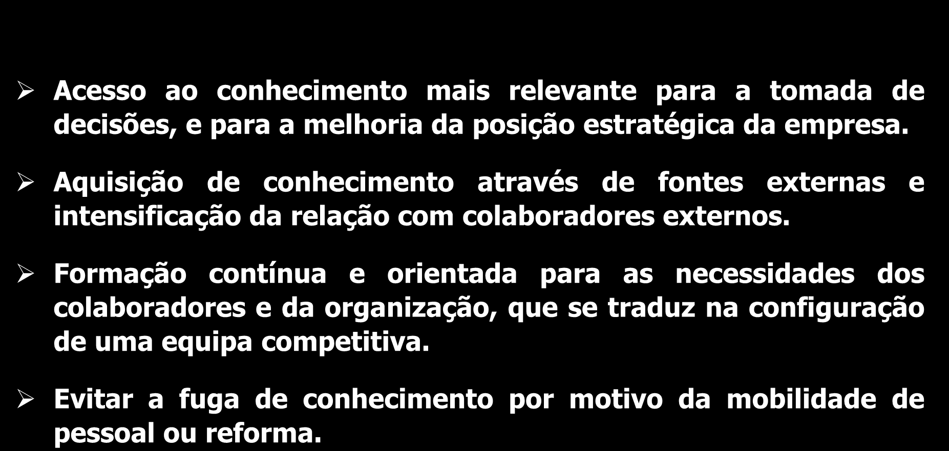 Gestão do Conhecimento Os Objetivos Acesso ao conhecimento mais relevante para a tomada de decisões, e para a melhoria da posição estratégica da empresa.